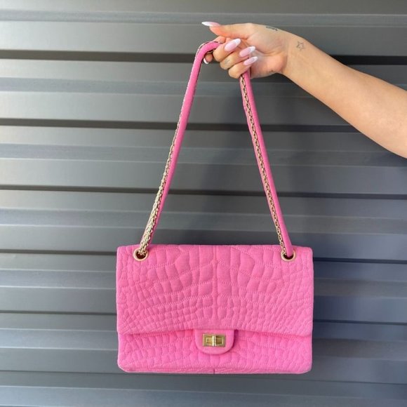 CHANEL Pink Jersey Crocodile Embossed Reissue 2.55 Classic 227 Flap Bag - Picture 1 of 13
